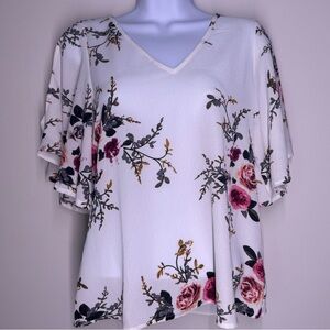 Floral Flutter Sleeve V Neck Blouse